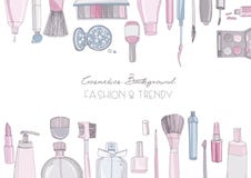 Fashion cosmetics horizontal background with make up artist objects. Vector hand drawn colorful illustration with place royalty free illustration Fashion cosmetics horizontal background with make up artist objects. Vector hand drawn colorful illustration with place royalty free illustration