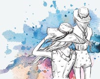 Fashion Illustration. Girls In Hats On A Watercolor Background Stock Images Fashion Illustration. Girls In Hats On A Watercolor Background Stock Images