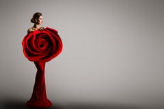 Fashion Model Rose Flower Dress, Elegant Woman Red Art Gown, Beauty Portrait