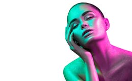 Fashion model woman in colorful bright sparkles and neon lights posing in studio, portrait of beautiful sexy girl Royalty Free Stock Photo Fashion model woman in colorful bright sparkles and neon lights posing in studio, portrait of beautiful sexy girl Royalty Free Stock Photo