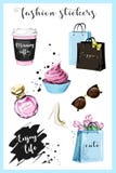 Fashion planner girl stickers with coffee cup, shopping bags, perfume, shoe, sunglasses, flowers, cupcake and slogan sticker.