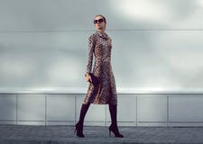Fashion woman model wearing a leopard dress is walking. In a evening city Stock Images Fashion woman model wearing a leopard dress is walking. In a evening city Stock Images