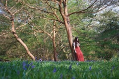 Fashionable lady leans against a tree in an English woodland in early spring, with bluebells in the foreground stock images Fashionable lady leans against a tree in an English woodland in early spring, with bluebells in the foreground stock images