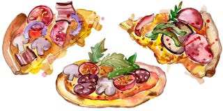 Fast Food Itallian Pizza In A Watercolor Style Set. Aquarelle Food Illustration For Background. Isolated Pizza Element. Stock Photos