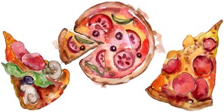 Fast Food Itallian Pizza Tasty Food. Watercolor Background Illustration Set. Isolated Fast Food Illustration Element. Stock Photo