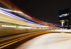 Fast tram at night. Winter. royalty free stock photo Fast tram at night. Winter. royalty free stock photo