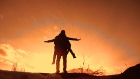 Father and daughter teamwork happy family tourists silhouette concept rides on his back funny livestyle video. team dad stock video Father and daughter teamwork happy family tourists silhouette concept rides on his back funny livestyle video. team dad stock video