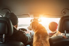 Father with son and beagle dog traveling together by auto rear seats wide angle shoot royalty free stock photography Father with son and beagle dog traveling together by auto rear seats wide angle shoot royalty free stock photography