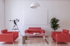 Fauteuils en cuir rouges, une table, une usine de maison et un télescope dedans illustration de vecteur Fauteuils en cuir rouges, une table, une usine de maison et un télescope dedans illustration de vecteur