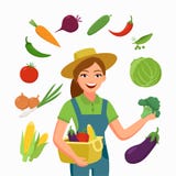 Fazendeiro da menina e vários vegetais no estilo liso dos desenhos animados isolados no fundo branco Negócio do cultivo e da agri ilustração royalty free Fazendeiro da menina e vários vegetais no estilo liso dos desenhos animados isolados no fundo branco Negócio do cultivo e da agri ilustração royalty free
