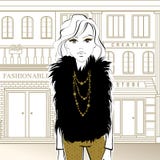 Façonnez la fille sur la rue, marchant aux boutiques illustration libre de droits Façonnez la fille sur la rue, marchant aux boutiques illustration libre de droits
