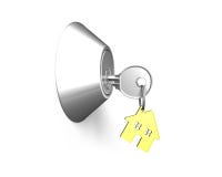Fechadura da porta com chave, porta-chaves da forma da casa nela ilustração royalty free Fechadura da porta com chave, porta-chaves da forma da casa nela ilustração royalty free