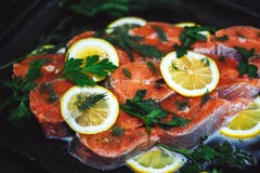 Feche acima dos peixes vermelhos cortados com fatias de limão e de aneto Um prato delicioso fotografia de stock Feche acima dos peixes vermelhos cortados com fatias de limão e de aneto Um prato delicioso fotografia de stock