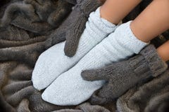 Feet in comfortable and warm woolen socks