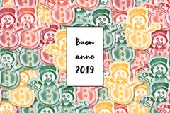 Feliz Año Nuevo de la tarjeta del anno 2019 de Buon en italiano con el muñeco de nieve coloreado como fondo libre illustration Feliz Año Nuevo de la tarjeta del anno 2019 de Buon en italiano con el muñeco de nieve coloreado como fondo libre illustration
