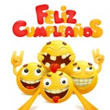 Feliz Cumpleanos - alles Gute zum Geburtstag in der spanischen Grußkarte mit Gruppe gelben emoji Zeichentrickfilm-Figuren stock abbildung Feliz Cumpleanos - alles Gute zum Geburtstag in der spanischen Grußkarte mit Gruppe gelben emoji Zeichentrickfilm-Figuren stock abbildung