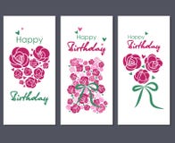 Feliz cumpleaños Fije de tres tarjetas de felicitación stock de ilustración Feliz cumpleaños Fije de tres tarjetas de felicitación stock de ilustración