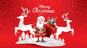 Feliz Natal e ano novo feliz A rena de Papai Noel com um saco de presentes na cena da neve do Natal ilustração do vetor para cump ilustração do vetor Feliz Natal e ano novo feliz A rena de Papai Noel com um saco de presentes na cena da neve do Natal ilustração do vetor para cump ilustração do vetor