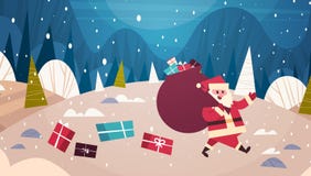 Feliz Natal e inverno Forest Holidays Concept Banner de Santa Carry Big Present Sack In do cartão do ano novo feliz Foto de Stock Feliz Natal e inverno Forest Holidays Concept Banner de Santa Carry Big Present Sack In do cartão do ano novo feliz Foto de Stock