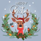 Feliz Natal Ilustração da grinalda festiva de ramos do abeto, citrino e especiarias e cervos bonitos ilustração stock Feliz Natal Ilustração da grinalda festiva de ramos do abeto, citrino e especiarias e cervos bonitos ilustração stock