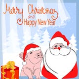 Feliz Navidad y Feliz Año Nuevo Caracteres divertidos Santa Claus de la historieta y cerdo en el sombrero de santa Números estili libre illustration Feliz Navidad y Feliz Año Nuevo Caracteres divertidos Santa Claus de la historieta y cerdo en el sombrero de santa Números estili libre illustration