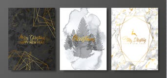 2019 Felizes Natais e coleção dos cartões do luxo do ano novo feliz com textura do mármore e da aquarela e forma geométrica doura ilustração do vetor 2019 Felizes Natais e coleção dos cartões do luxo do ano novo feliz com textura do mármore e da aquarela e forma geométrica doura ilustração do vetor