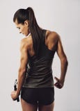 Female athlete with jumping rope posing on grey background stock images Female athlete with jumping rope posing on grey background stock images