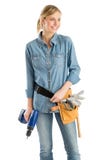 Female Construction Worker With Tool Belt And Drill Looking Away royalty free stock images Female Construction Worker With Tool Belt And Drill Looking Away royalty free stock images