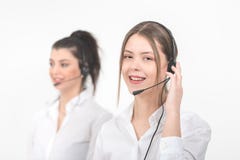 Female consulting manager with headset on light background. royalty free stock image Female consulting manager with headset on light background. royalty free stock image