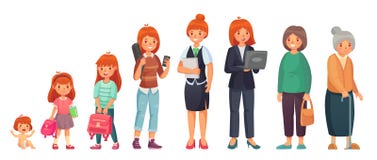 Female different ages. Baby, young girl, adult european women and aged grandma. Woman generations isolated cartoon vector illustration Female different ages. Baby, young girl, adult european women and aged grandma. Woman generations isolated cartoon vector illustration