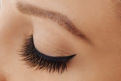 Female eye with extreme long false eyelashes and black liner. Eyelash extensions, make-up, cosmetics, beauty royalty free stock photography Female eye with extreme long false eyelashes and black liner. Eyelash extensions, make-up, cosmetics, beauty royalty free stock photography