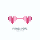 Female fitness gym. Vector logo, label, icon or emblem with pink dumbbell heart shape. Design for woman sports club,