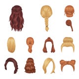 Female hairstyle cartoon icons in set collection for design. Stylish haircut vector symbol stock web illustration. stock illustration Female hairstyle cartoon icons in set collection for design. Stylish haircut vector symbol stock web illustration. stock illustration