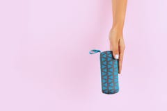 Female hand touch portable speaker royalty free stock photography Female hand touch portable speaker royalty free stock photography
