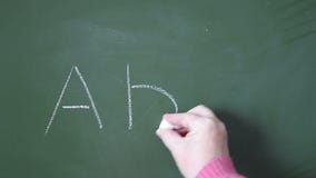 A female hand writing with chalk on a blackboard