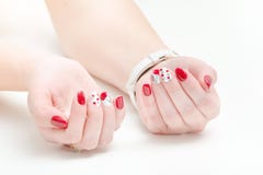 Female hands with manicure, red nail polish. White background. stock image Female hands with manicure, red nail polish. White background. stock image