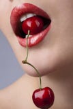 Female Mouth With Cherries Royalty Free Stock Photography