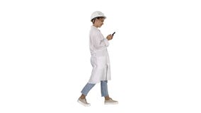 Female Scientist Using Smartphone Walking on white background. stock photography Female Scientist Using Smartphone Walking on white background. stock photography