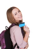 Female student holding credit card over white background stock photography Female student holding credit card over white background stock photography