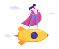 Female Superhero in Red Cloak, Super Employee Girl with Arms Akimbo Flying on Golden Rocket among Clouds in Sky royalty free illustration Female Superhero in Red Cloak, Super Employee Girl with Arms Akimbo Flying on Golden Rocket among Clouds in Sky royalty free illustration