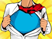 Female superhero. Young woman dressed in white jacket shows superhero t-shirt. Vector illustration in retro pop art c stock illustration Female superhero. Young woman dressed in white jacket shows superhero t-shirt. Vector illustration in retro pop art c stock illustration
