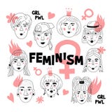 Feminismeaffiche, Vrouwen` s gezichten, Informele meisjes, de Feministes van Punk rockvrouwen Leuke Grappige hand-drawn karakters vector illustratie Feminismeaffiche, Vrouwen` s gezichten, Informele meisjes, de Feministes van Punk rockvrouwen Leuke Grappige hand-drawn karakters vector illustratie