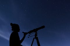 Femme avec le télescope astronomique Constellations de nuit étoilée, Ursa Major, Ursa Minor, nuit étoilée de Draco, ciel foncé photos stock Femme avec le télescope astronomique Constellations de nuit étoilée, Ursa Major, Ursa Minor, nuit étoilée de Draco, ciel foncé photos stock
