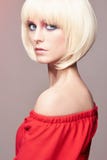 Femme blonde avec la coiffure de plomb, maquillage, robe rouge images stock Femme blonde avec la coiffure de plomb, maquillage, robe rouge images stock