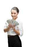 Femme d'affaires réfléchie retenant l'argent photographie stock libre de droits Femme d'affaires réfléchie retenant l'argent photographie stock libre de droits