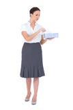 Femme d'affaires triste tenant la boîte de tissu image libre de droits Femme d'affaires triste tenant la boîte de tissu image libre de droits