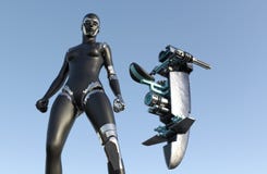 Femme de cyborg - humanoïde avec le véhicule de la science fiction illustration stock Femme de cyborg - humanoïde avec le véhicule de la science fiction illustration stock