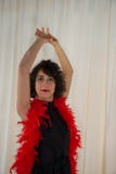 Femme posant avec le costume de danse, avec le boa de plume rouge photographie stock Femme posant avec le costume de danse, avec le boa de plume rouge photographie stock
