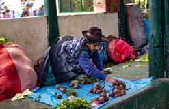 Femme supérieure indigène s'asseyant au sol et vendant des légumes photos stock Femme supérieure indigène s'asseyant au sol et vendant des légumes photos stock