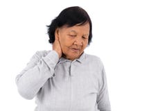 Femme supérieure souffrant de la douleur cervicale d'isolement sur le backgrou blanc photos libres de droits Femme supérieure souffrant de la douleur cervicale d'isolement sur le backgrou blanc photos libres de droits